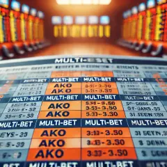 Tabela kursów bukmacherskich z widocznymi zakładami typu "multi-bet" i "AKO". W tle rzędy ekranów z wynikami.