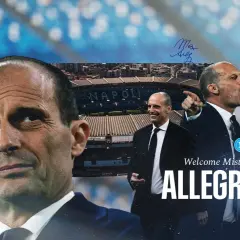 Max Allegri, nowy trener Napoli, w garniturze na tle stadionu.