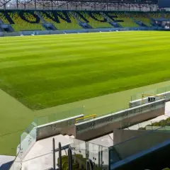 Nowy stadion GKS Katowice z zieloną murawą i żółto-czarnymi trybunami.