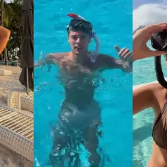 Nicola Zalewski z żoną na wakacjach. Ona w bikini na plaży i w wodzie, on pływa w morzu.