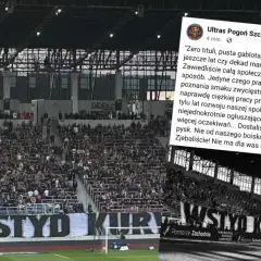 Trybuna kibiców Pogoni Szczecin z transparentem "WSTYD KURWA".