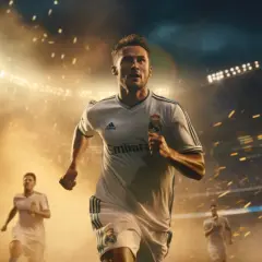 Piłkarze Realu Madryt biegną po boisku w blasku jupiterów. W tle tłum kibiców i iskry. Idealne btts typy dla fanów futbolu.