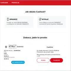 Jak obstawiać na Betclic? Zobacz, jak łatwo skorzystać z opcji Cashout na kuponie z meczu AC Milan - Juventus. Potwierdź wypłatę 15 zł.