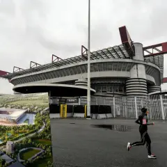 Wizualizacja nowego stadionu w miejscu San Siro, obok biegnącej osoby. Planowany san siro wyburzenie.