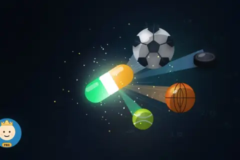 Kapsułka z lekami i piłki sportowe (piłka nożna, koszykówka, tenis, hokej) na tle wykresów. Szansa na wygraną over 2.5.