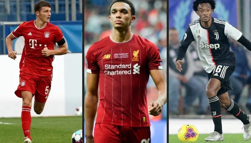 Trzech piłkarzy w akcji: Benjamin Pavard w czerwonej koszulce Bayernu, Trent Alexander-Arnold w czerwonej koszulce Liverpoolu i Juan Cuadrado w czarno-białej koszulce Juventusu. To są najlepsi obrońcy na świecie.