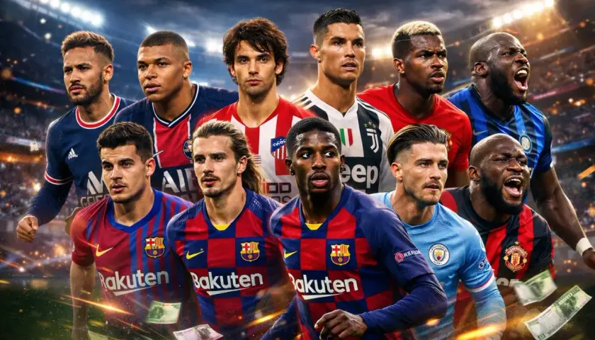 Gwiazdy futbolu w barwach klubowych, symbolizujące najdroższy transfer w historii piłki nożnej.