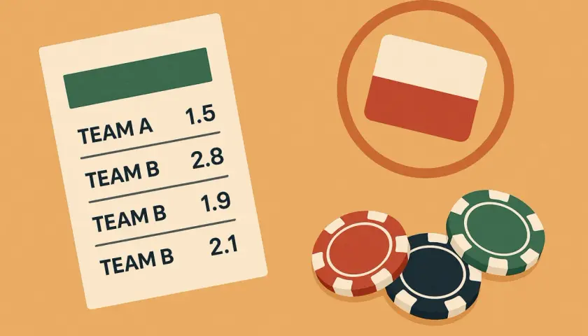 Kupon z kursami zakładów sportowych i żetonami do gry, obok symbol Polski. Zagraniczni bukmacherzy oferują emocje.