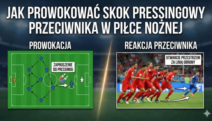 Taktyka piłkarska: prowokacja do pressingu na boisku i reakcja przeciwnika, który otwiera przestrzeń za linią obrony.