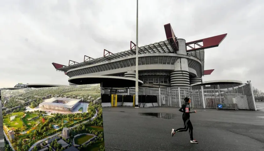 Wizualizacja nowego stadionu w miejscu San Siro, obok biegnącej osoby. Planowany san siro wyburzenie.