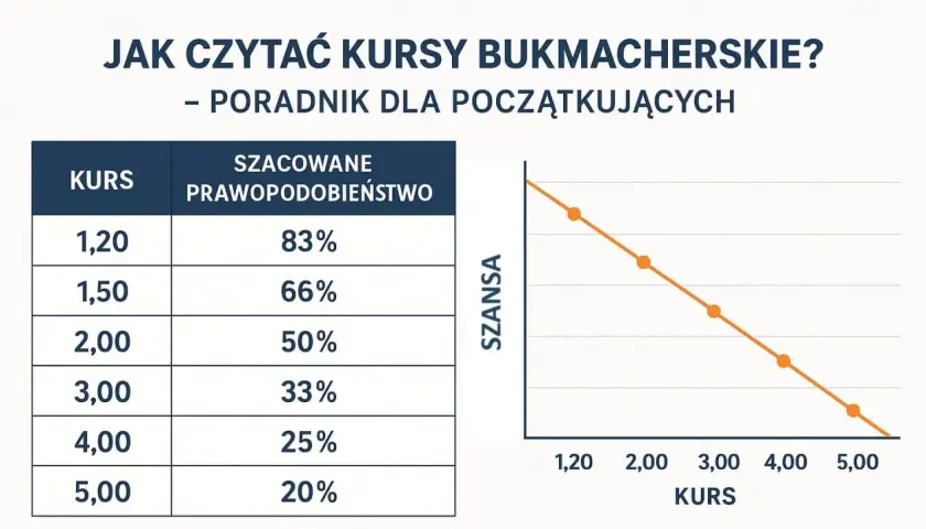 Tabela i wykres wyjaśniają, co to jest kurs bukmacherski i jak wpływa na szanse wygranej. Poradnik dla początkujących.