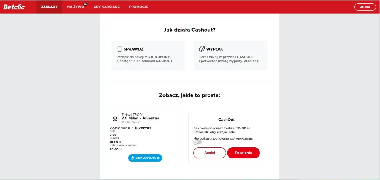 Jak obstawiać na Betclic? Zobacz, jak łatwo skorzystać z opcji Cashout na kuponie z meczu AC Milan - Juventus. Potwierdź wypłatę 15 zł.