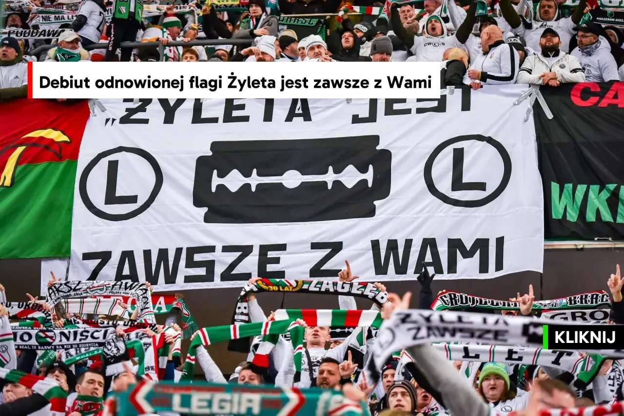 Fani Legii z flagą "Żyleta jest zawsze z Wami" i symbolem żyletki.