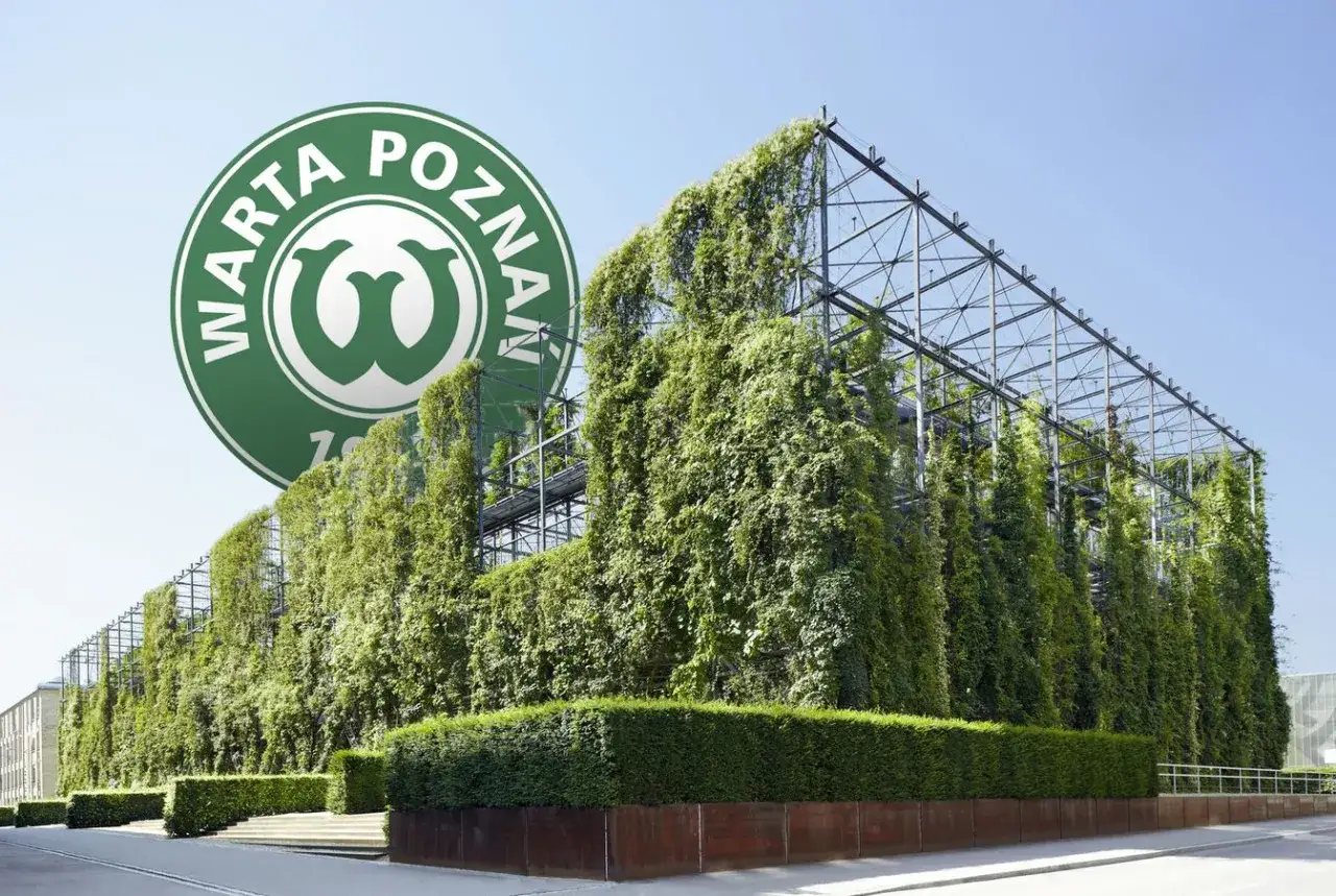 Zielony stadion Warty Poznań, porośnięty pnączami, z charakterystycznym herbem klubu.