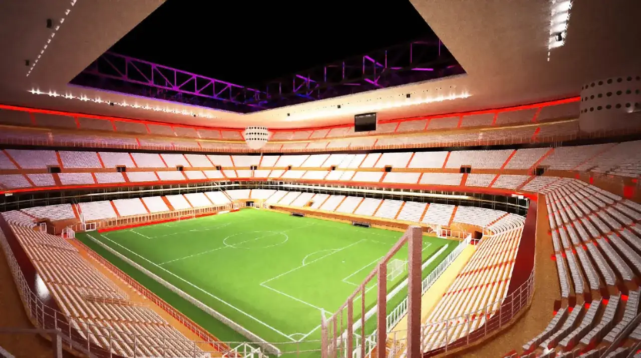 Wizualizacja stadionu San Siro przed wyburzeniem. Puste trybuny, zielona murawa i nowoczesne oświetlenie tworzą pustą przestrzeń.