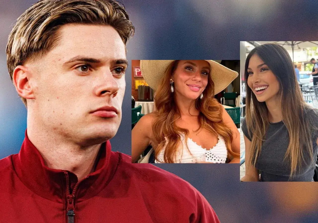 Nicola Zalewski z żoną i przyjaciółką. Piłkarz na pierwszym planie, w tle dwie uśmiechnięte kobiety.