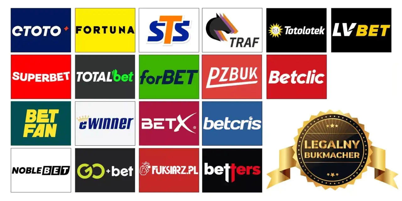 Na czym obstawiac mecze? Zobacz loga legalnych bukmacherów: STS, Fortuna, Betclic, LV BET i wielu innych.